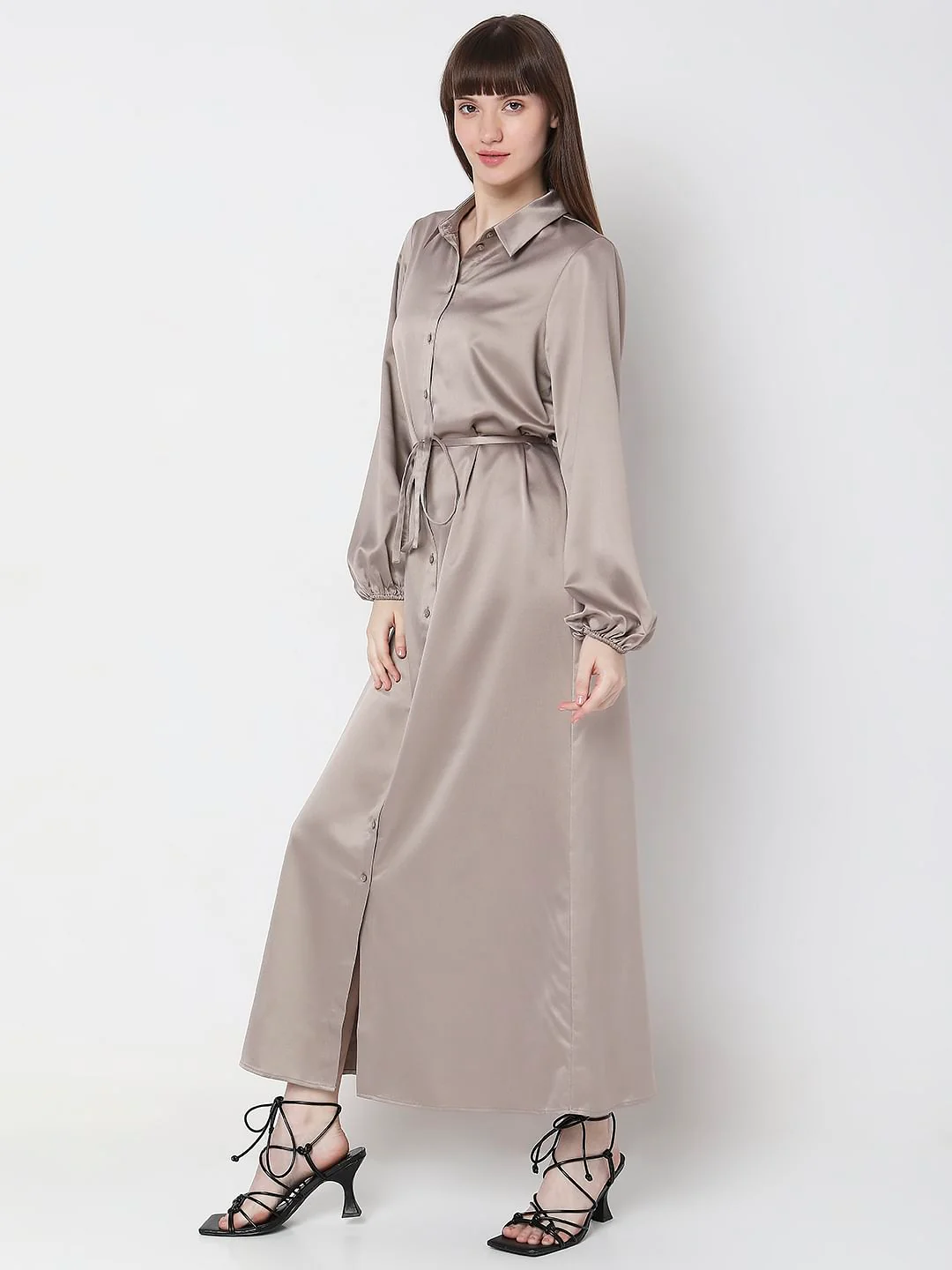 Dull Champagne Satin Maxi Shirt Dress - Image 3
