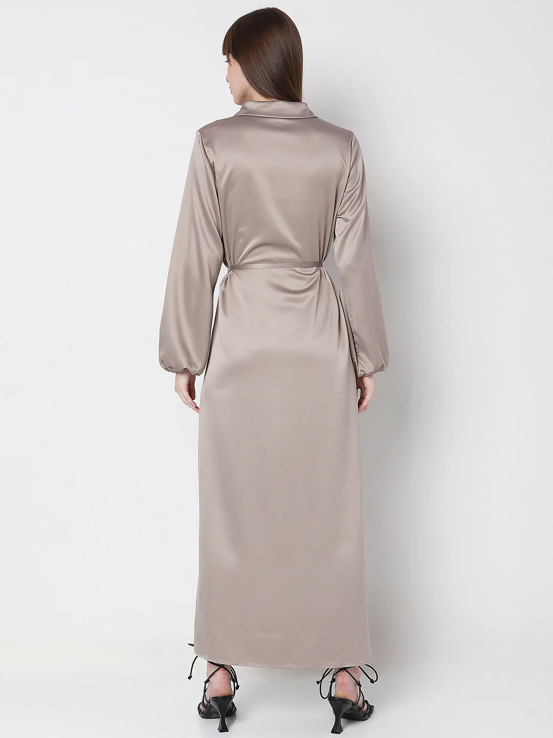 Dull Champagne Satin Maxi Shirt Dress - Image 4
