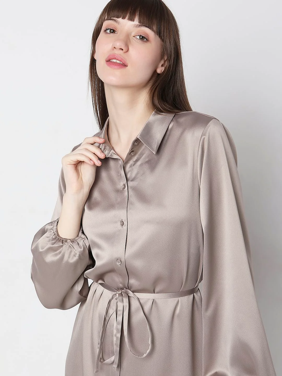 Dull Champagne Satin Maxi Shirt Dress - Image 5