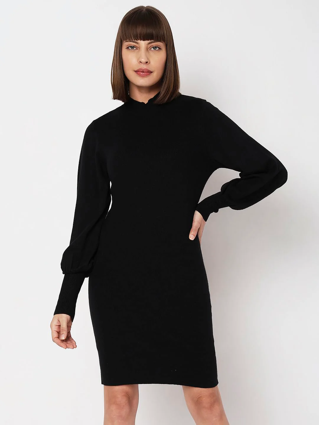 Black High Neck Bodycon Fitted Dress - Image 2