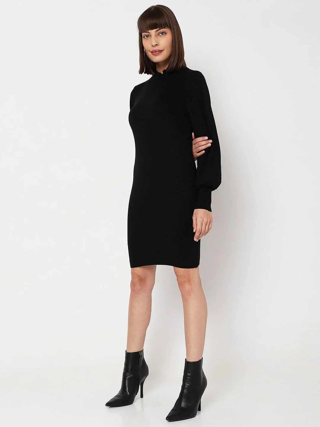 Black High Neck Bodycon Fitted Dress - Image 5