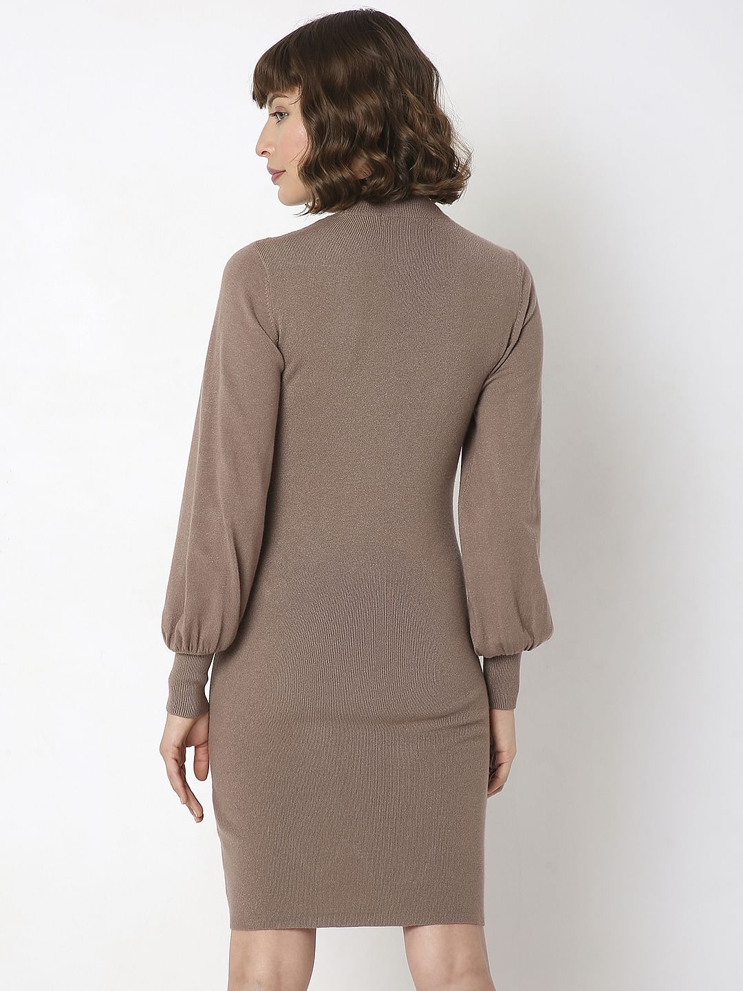 Beige High Neck Bodycon Fitted Dress - Image 4