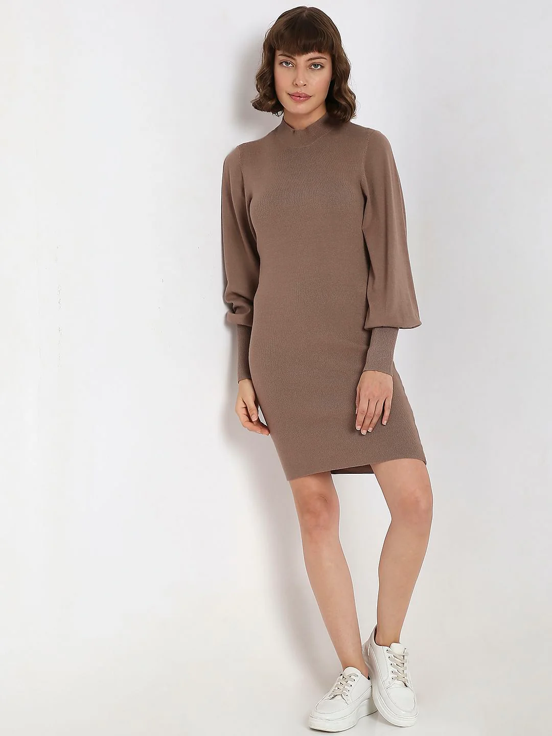 Beige High Neck Bodycon Fitted Dress - Image 5