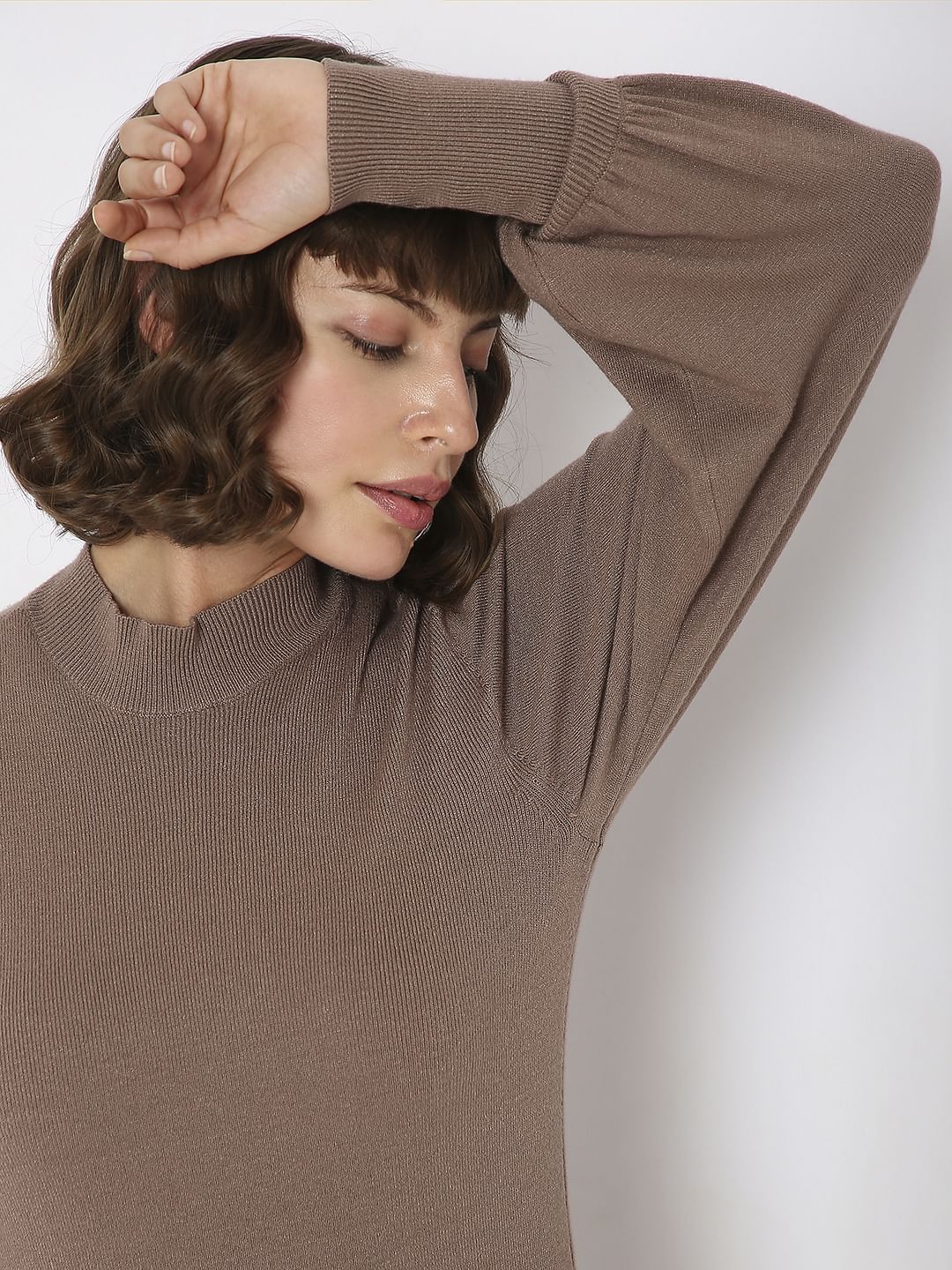 Beige High Neck Bodycon Fitted Dress - Image 6
