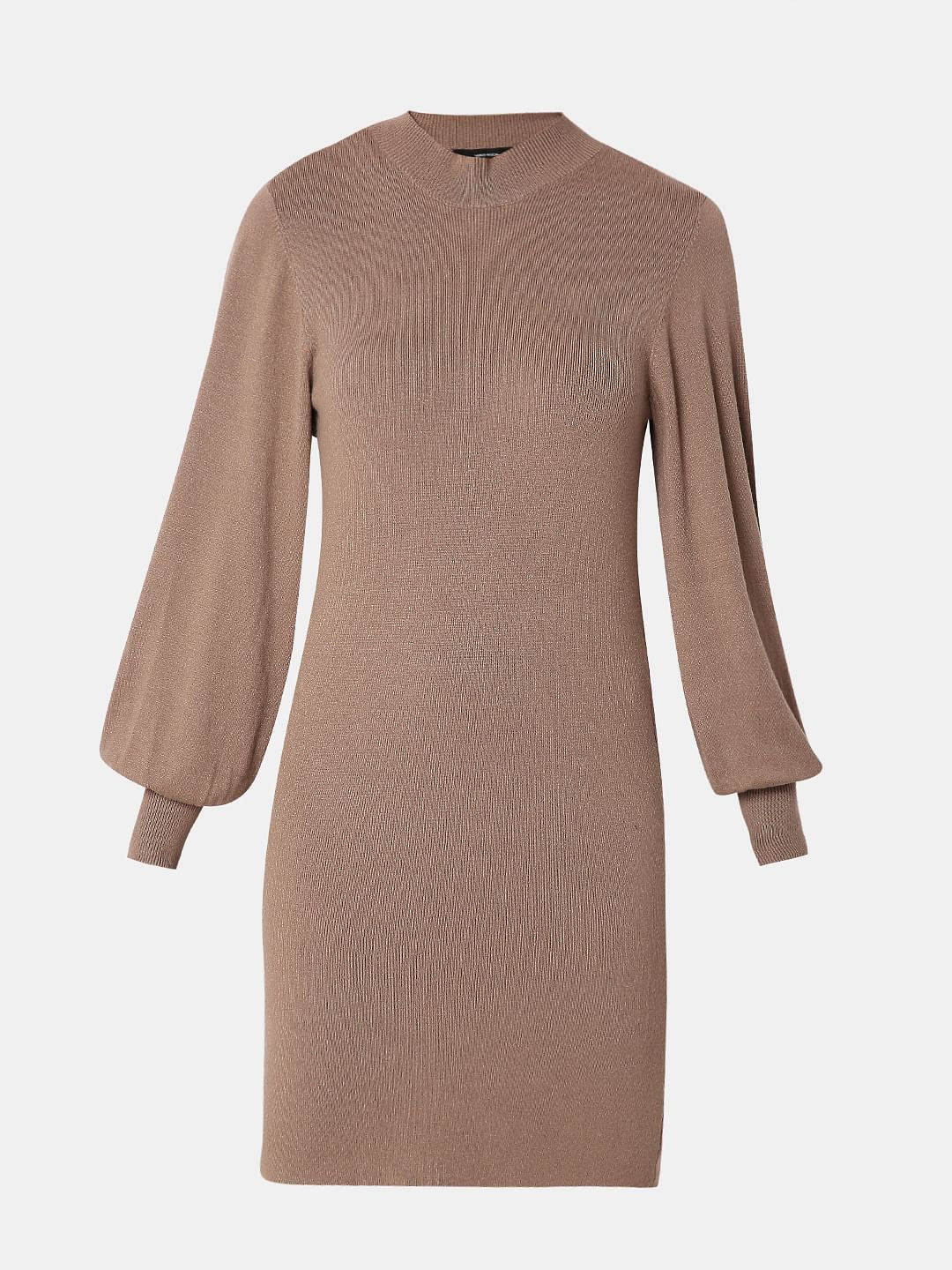 Beige High Neck Bodycon Fitted Dress - Image 7