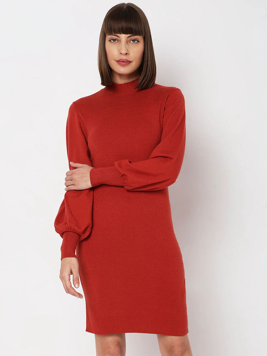 Red High Neck Bodycon Fitted Dress - Image 2