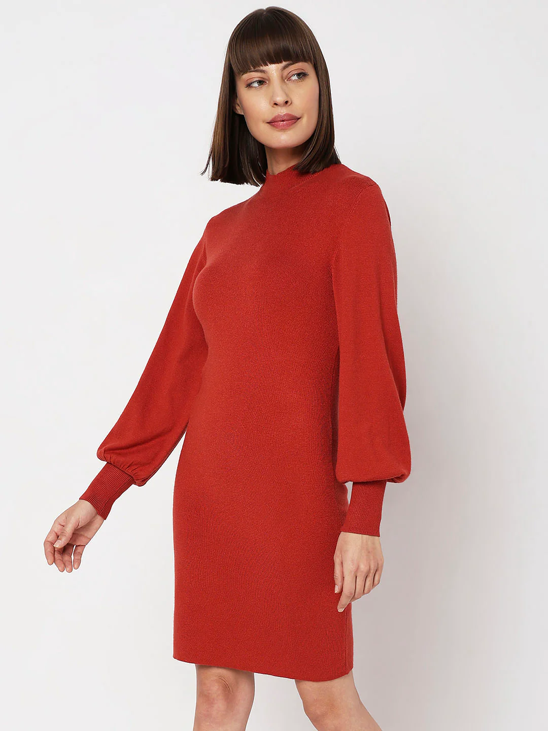 Red High Neck Bodycon Fitted Dress - Image 3