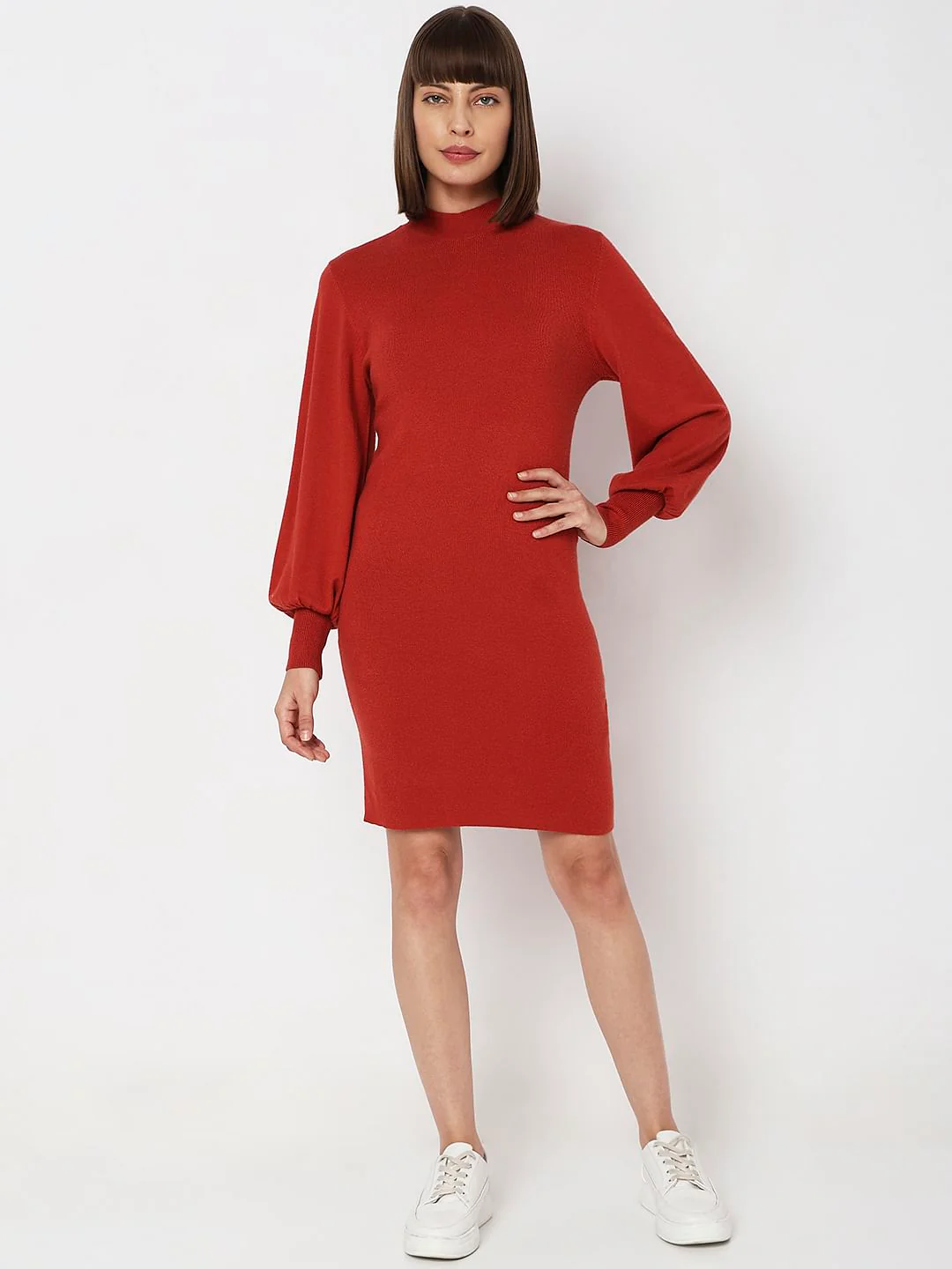 Red High Neck Bodycon Fitted Dress - Image 5