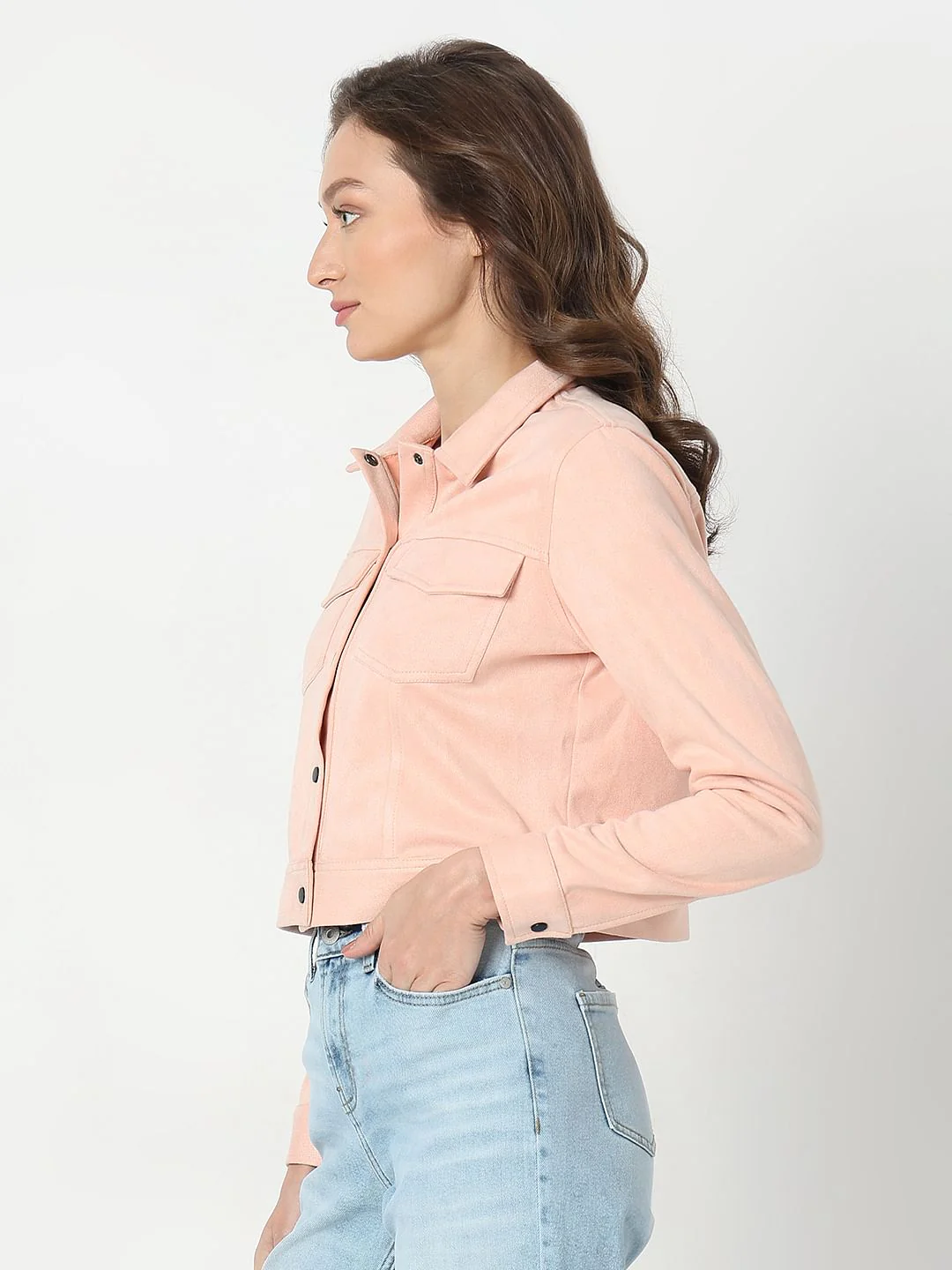 Peach Cropped Suede Jacket - Image 3