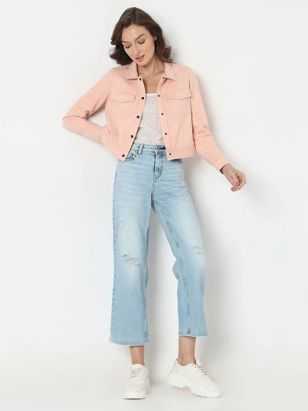 Peach Cropped Suede Jacket - Image 5