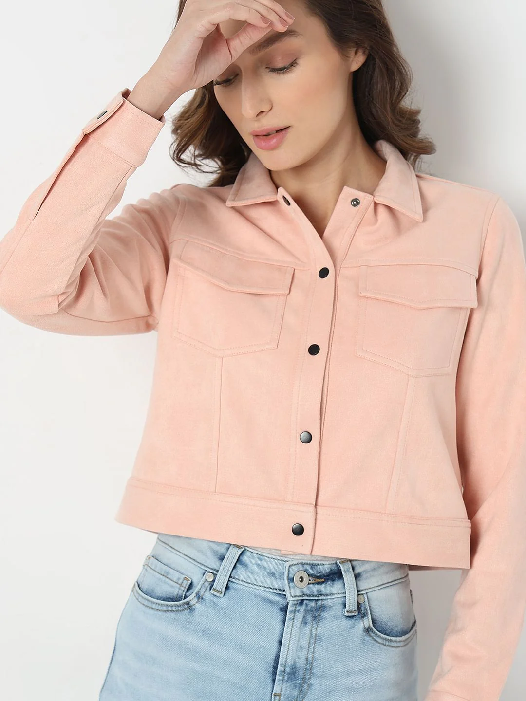 Peach Cropped Suede Jacket - Image 6