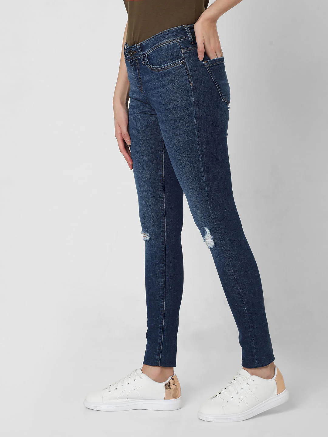Dark Blue Mid Rise Ripped Skinny Jeans - Image 2