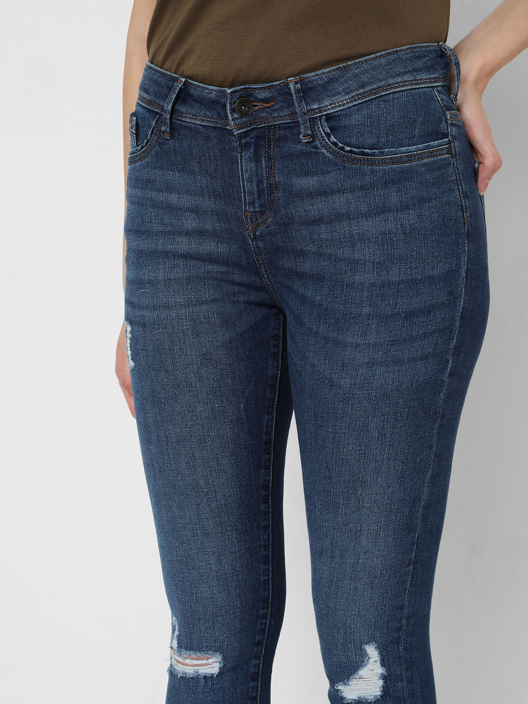 Dark Blue Mid Rise Ripped Skinny Jeans - Image 4