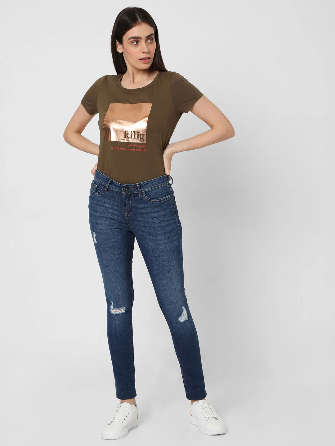 Dark Blue Mid Rise Ripped Skinny Jeans - Image 5