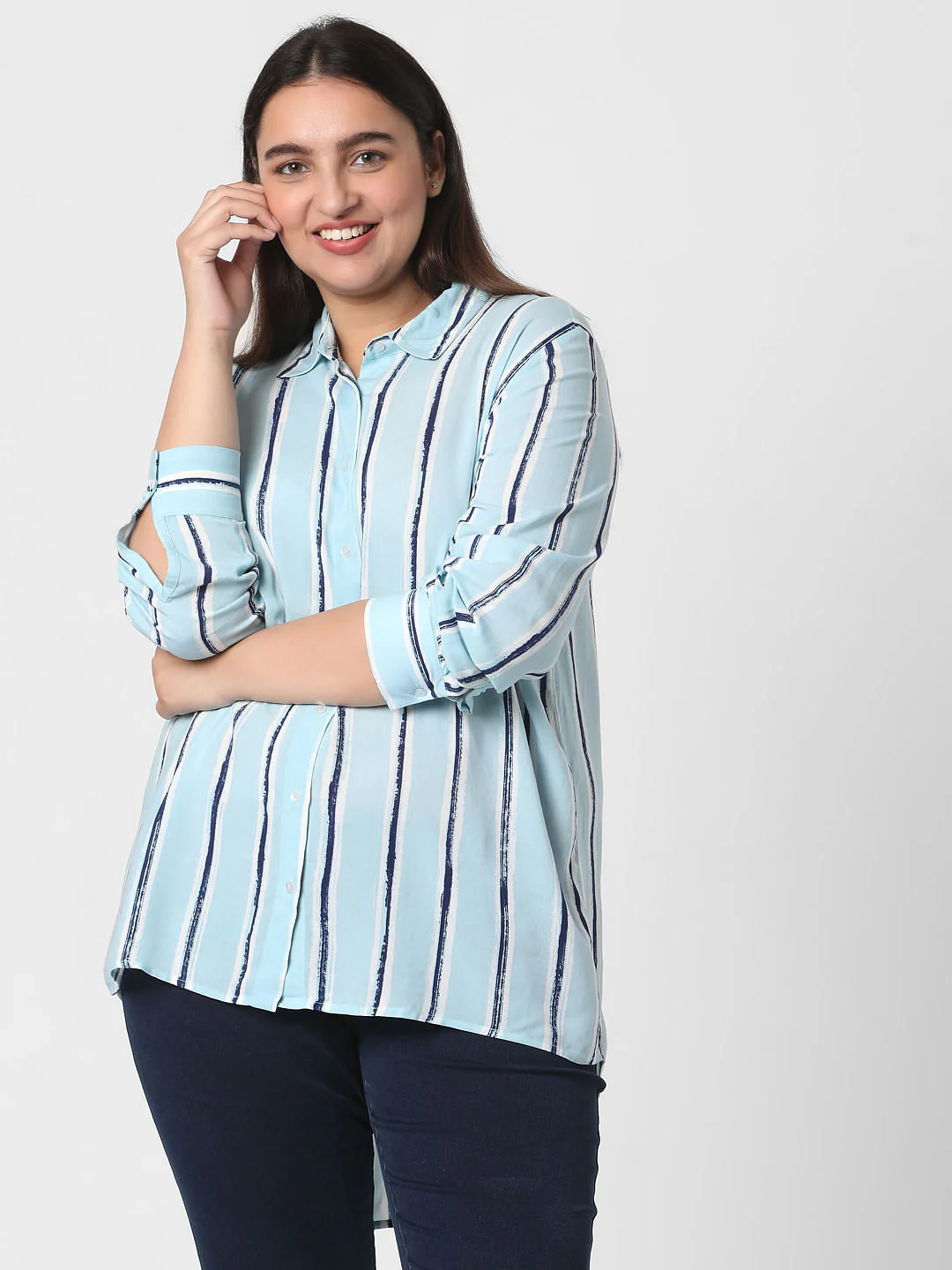 Curve Light Blue Striped Tunic Shirt - Image 2