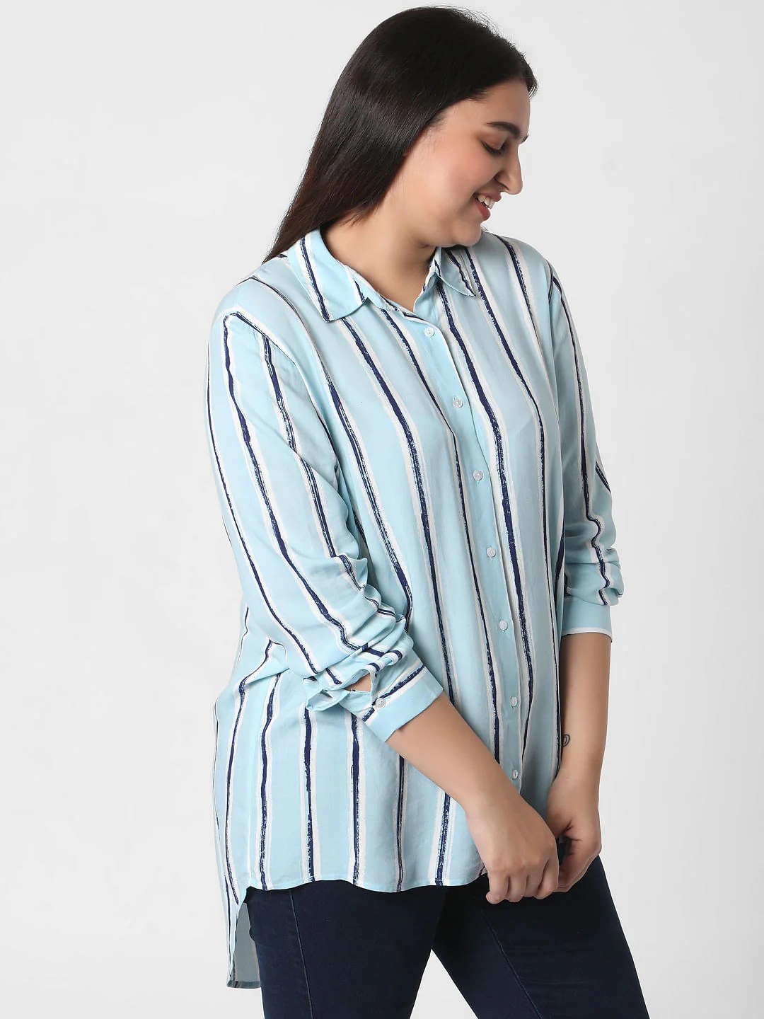 Curve Light Blue Striped Tunic Shirt - Image 3