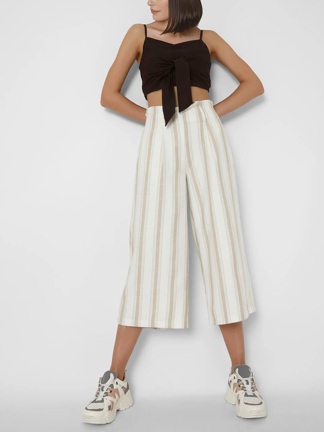 Beige Mid Rise Striped Culottes - Image 2