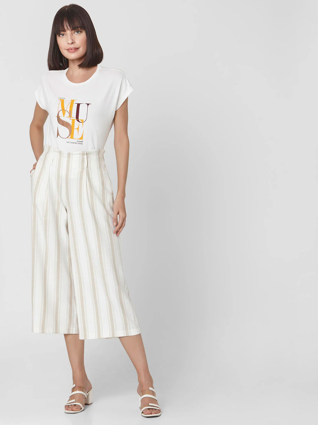 Beige Mid Rise Striped Culottes - Image 6