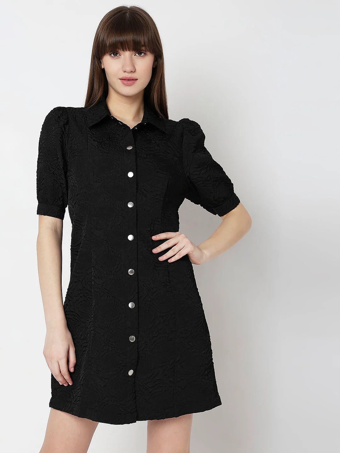 Black Textured Puff Sleeves Mini Dress - Image 2