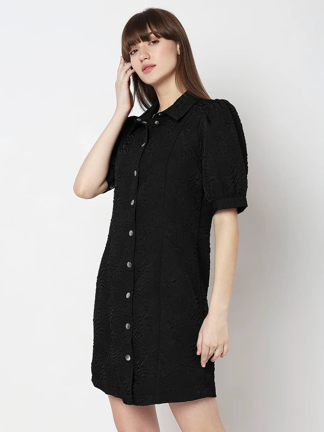 Black Textured Puff Sleeves Mini Dress - Image 3