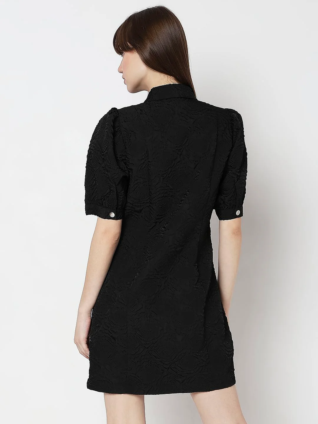 Black Textured Puff Sleeves Mini Dress - Image 4