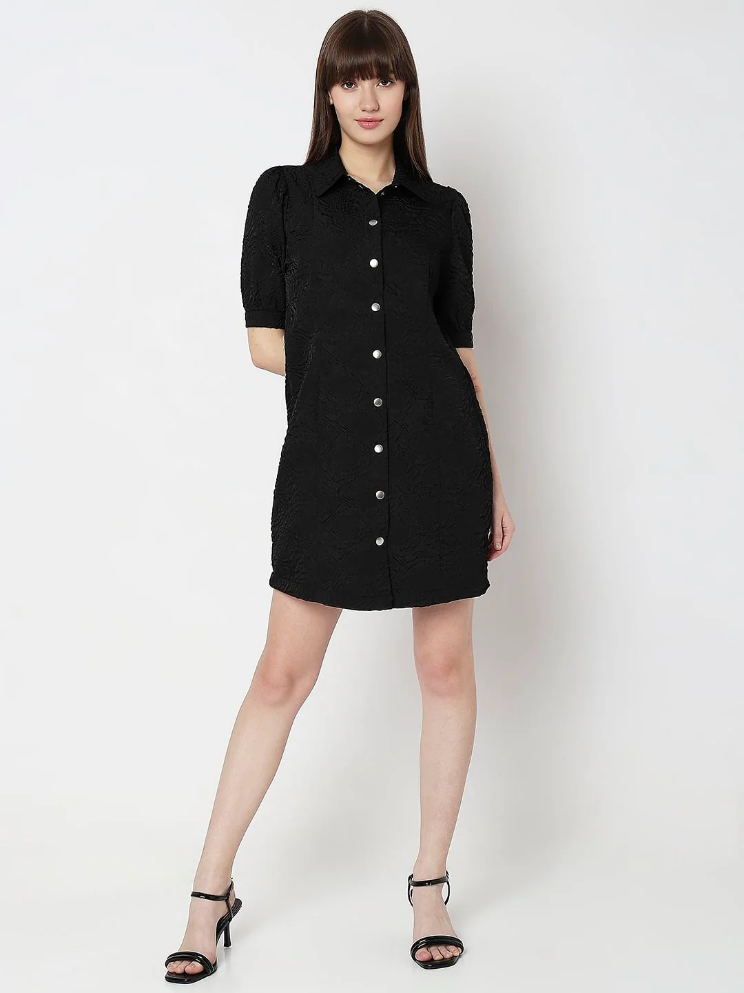 Black Textured Puff Sleeves Mini Dress - Image 5
