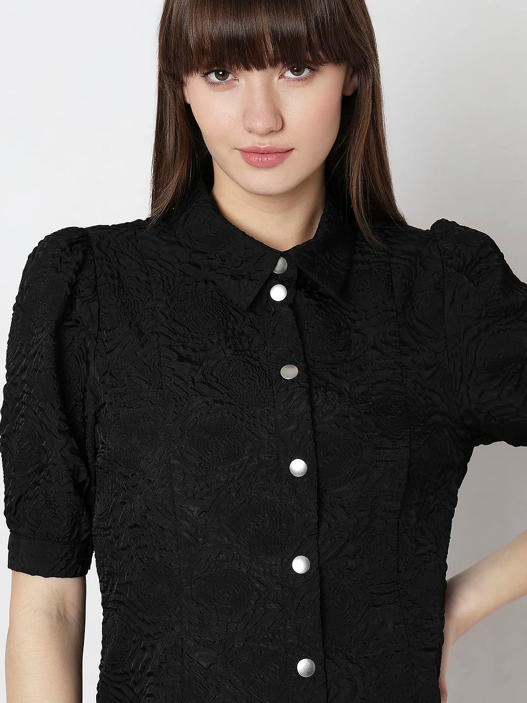 Black Textured Puff Sleeves Mini Dress - Image 6