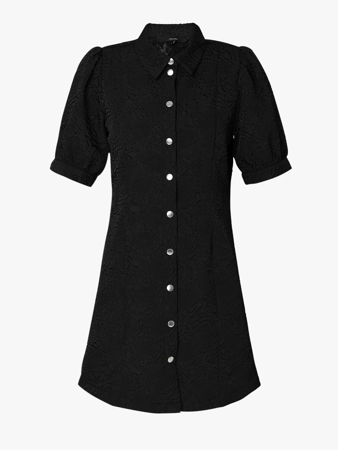 Black Textured Puff Sleeves Mini Dress - Image 7