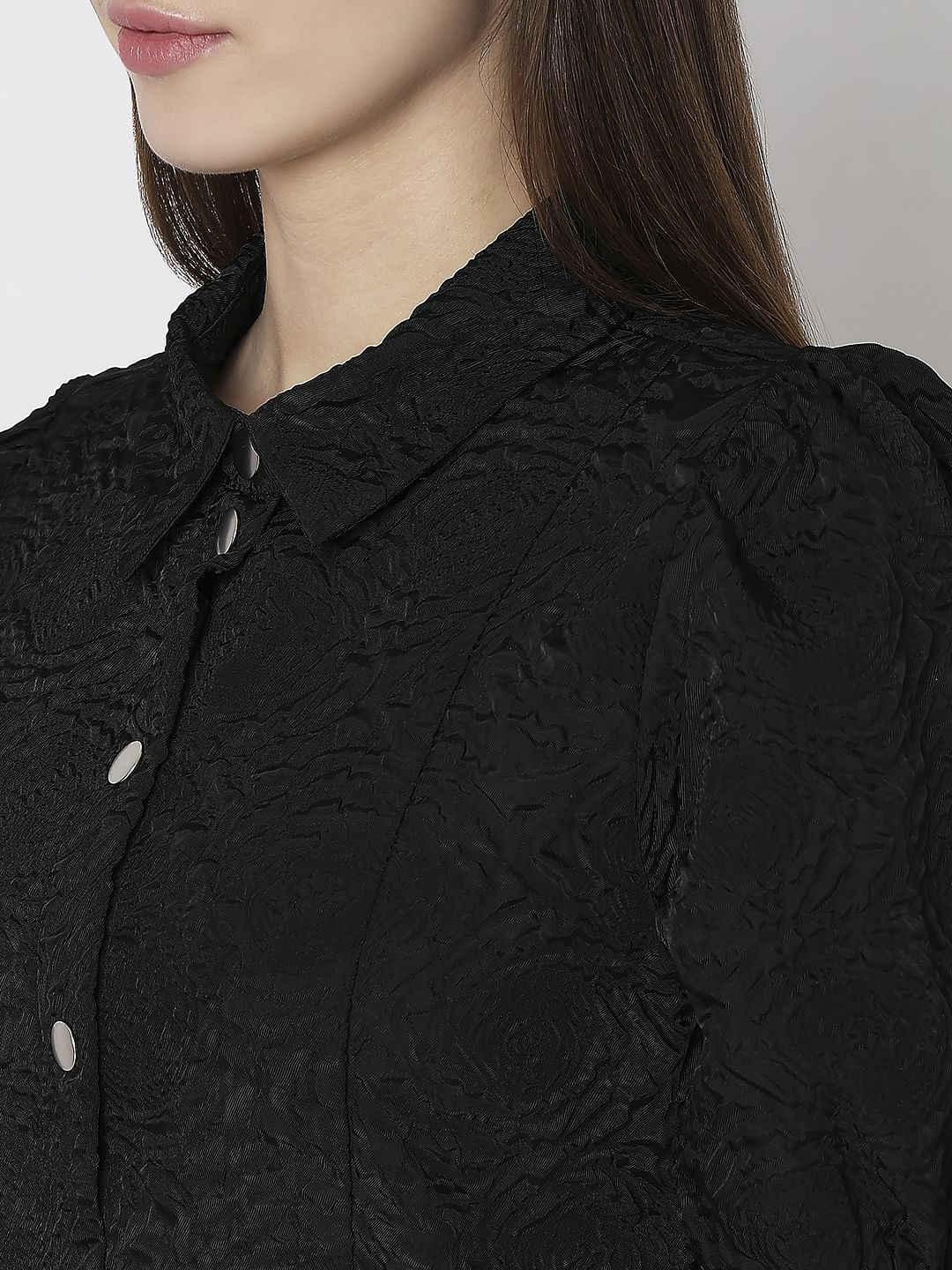 Black Textured Puff Sleeves Mini Dress - Image 8