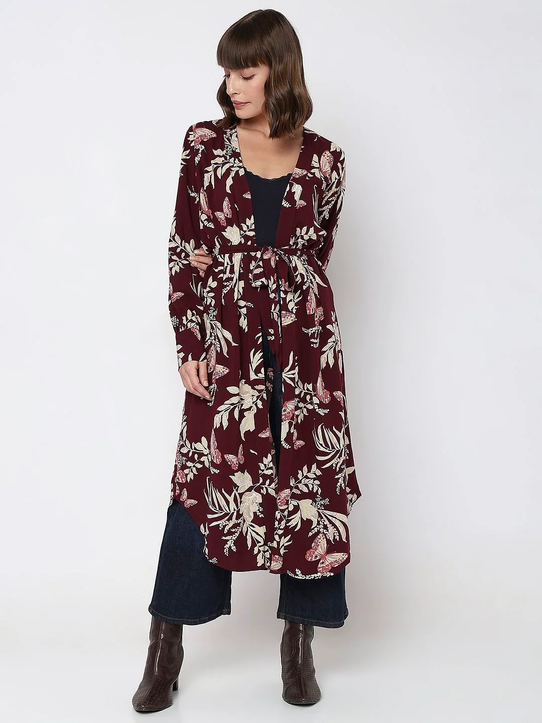 Maroon Floral Print Kimono - Image 2