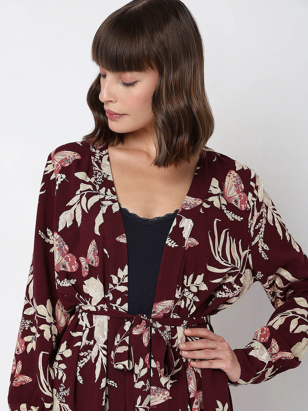 Maroon Floral Print Kimono - Image 5