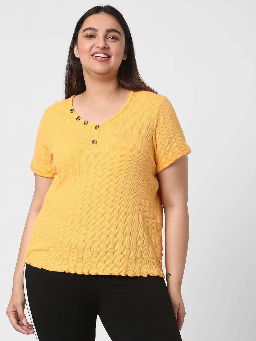 Curve Yellow Ribbed Henley Neck T-Shirt - Image 2