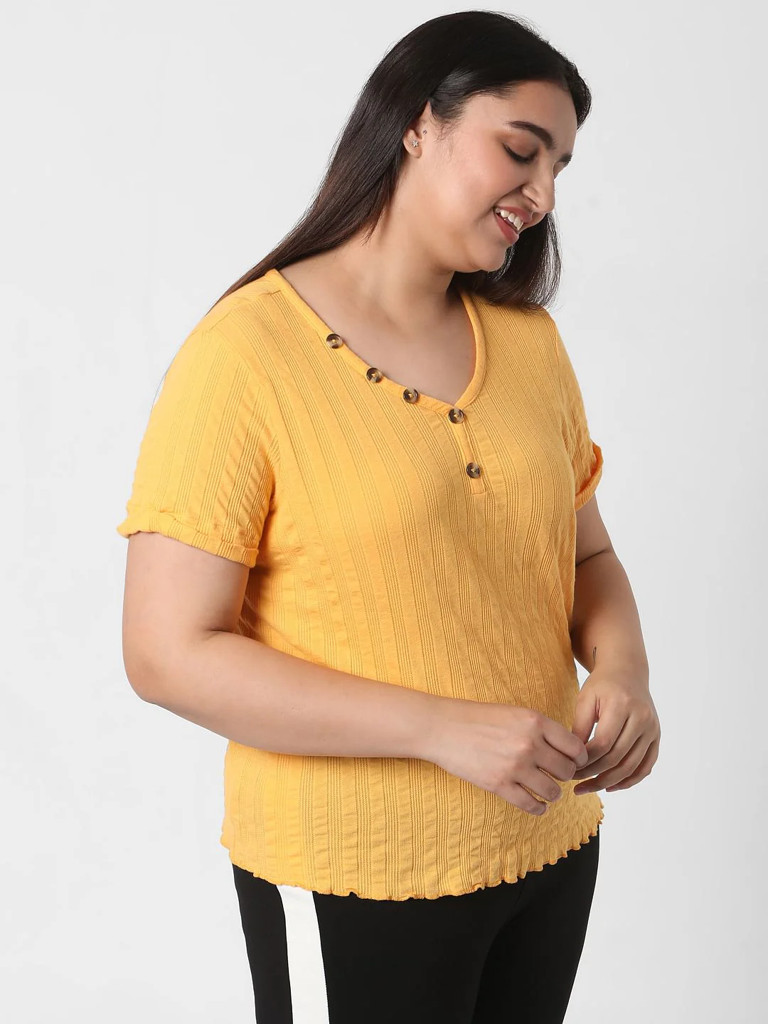 Curve Yellow Ribbed Henley Neck T-Shirt - Image 3