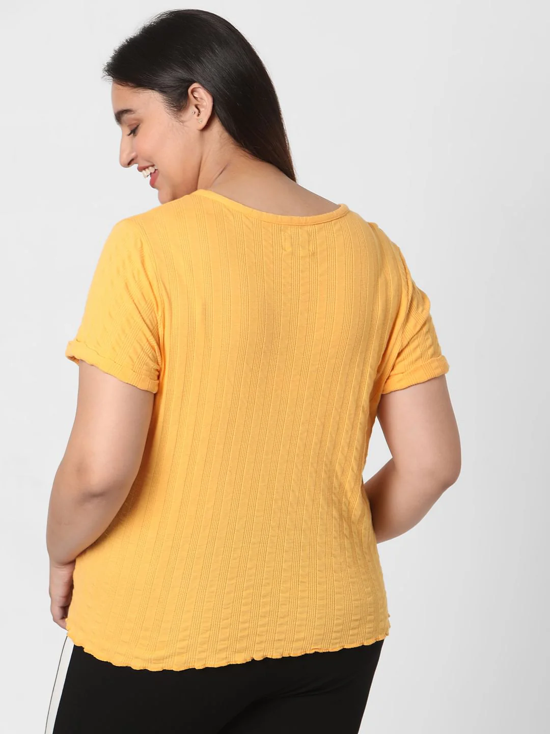 Curve Yellow Ribbed Henley Neck T-Shirt - Image 4