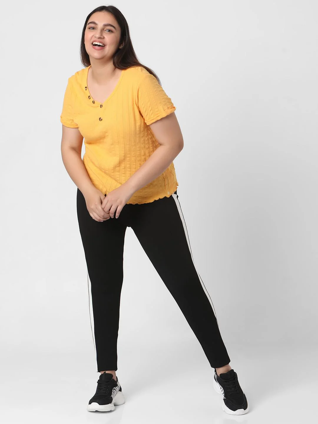 Curve Yellow Ribbed Henley Neck T-Shirt - Image 5