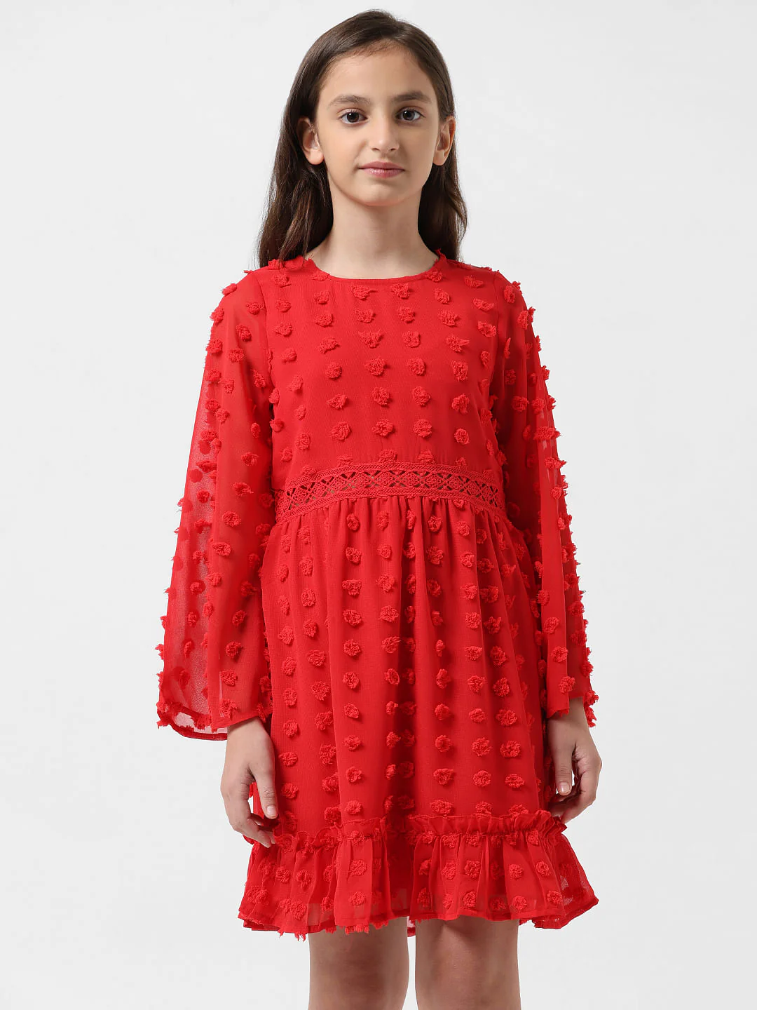 Girl Red Textured Fit & Flare Dress - Image 2