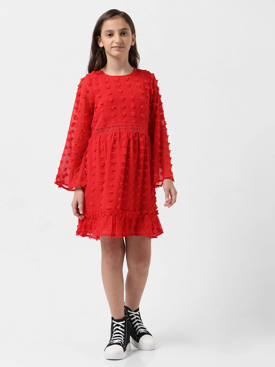 Girl Red Textured Fit & Flare Dress - Image 5
