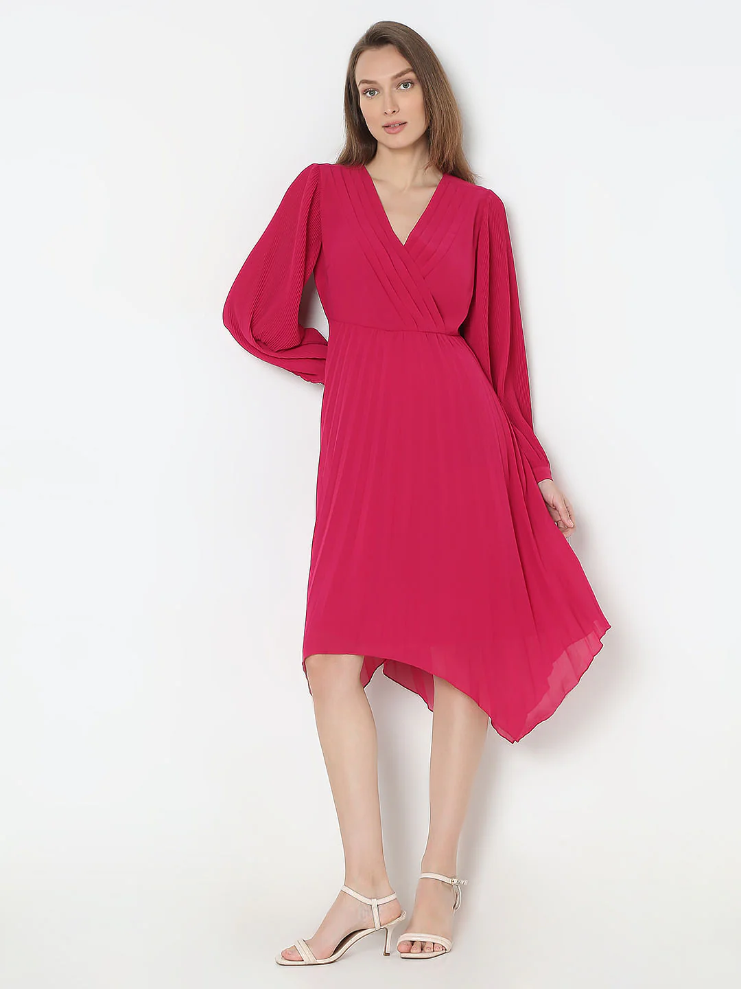 Pink Pleated Asymmetric Dress - Image 2