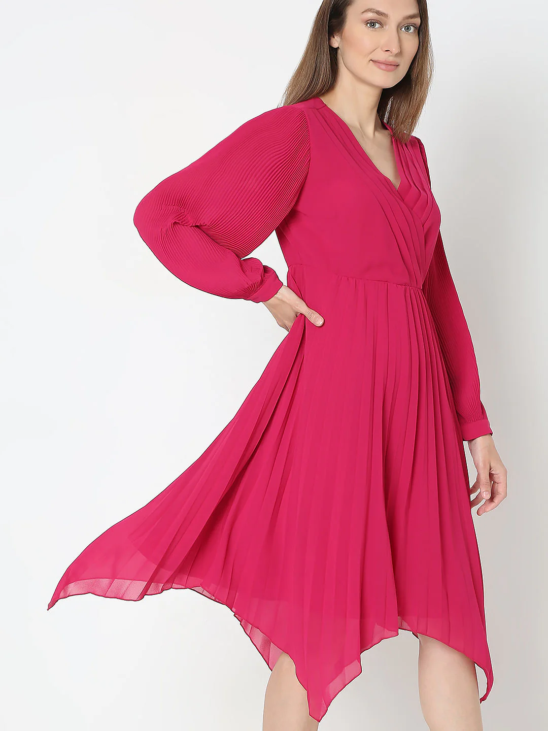 Pink Pleated Asymmetric Dress - Image 6