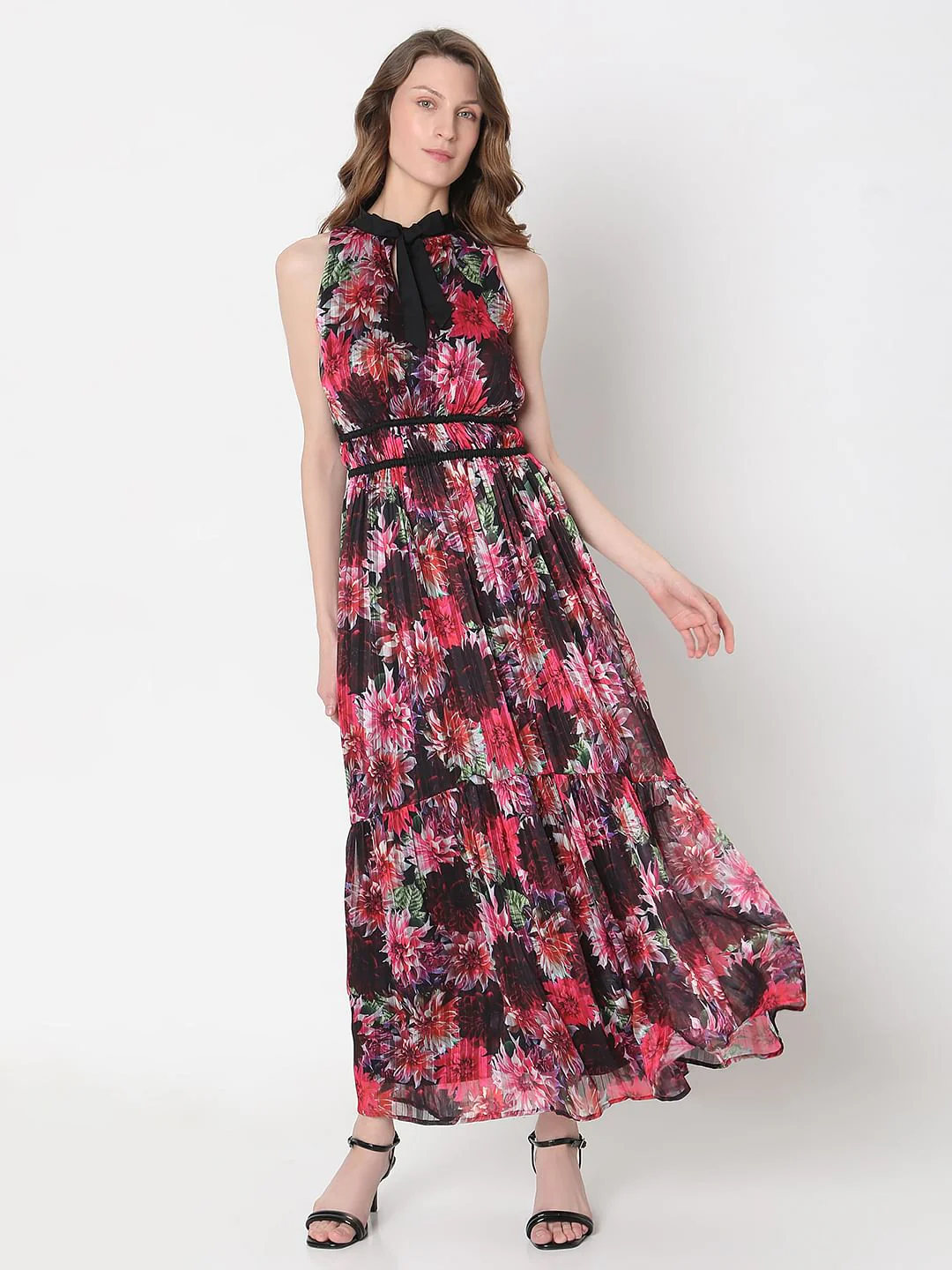 Red Floral Pleated Maxi Dress - Image 2