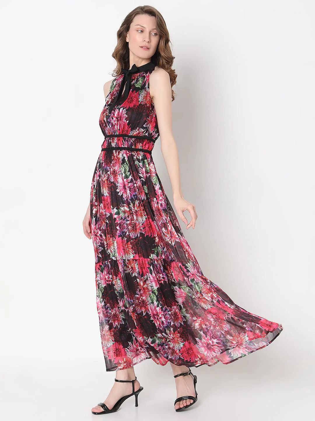 Red Floral Pleated Maxi Dress - Image 3