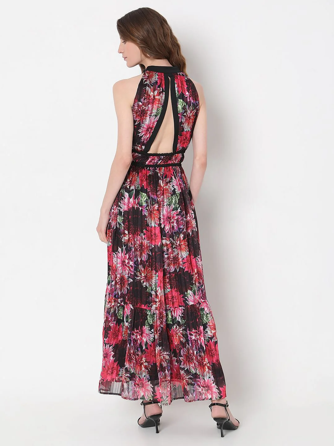 Red Floral Pleated Maxi Dress - Image 4