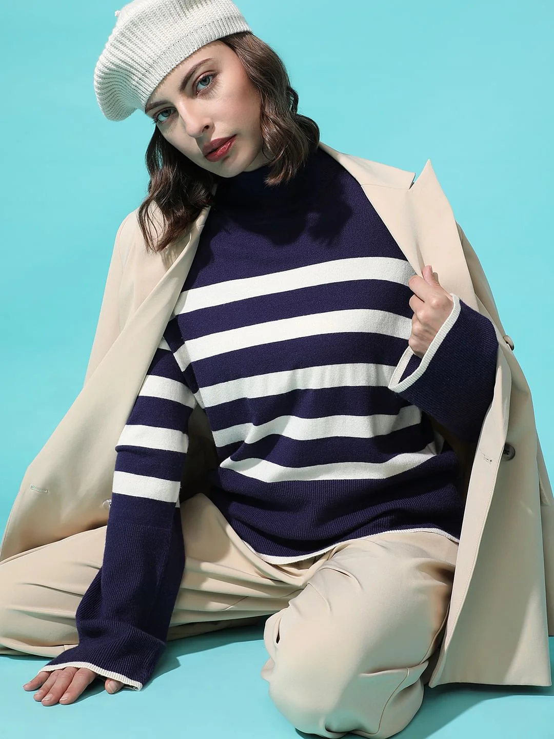 Navy Blue High Neck Striped Pullover