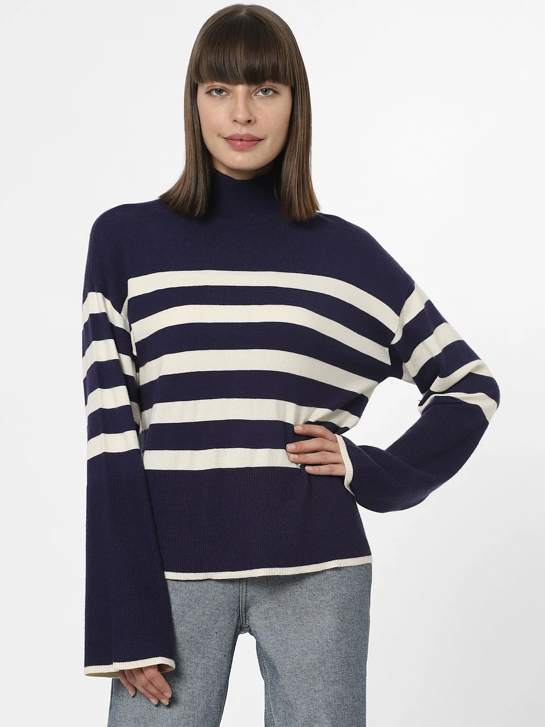 Navy Blue High Neck Striped Pullover - Image 2