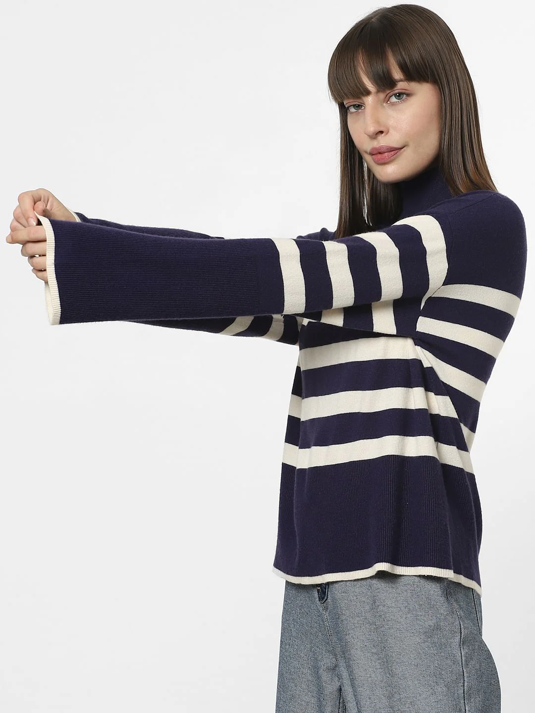 Navy Blue High Neck Striped Pullover - Image 3