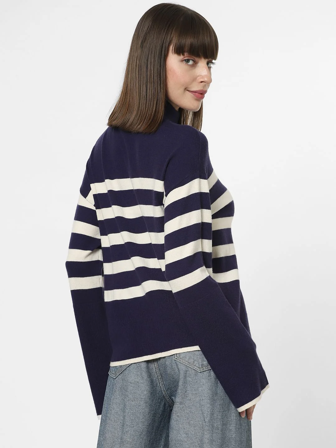 Navy Blue High Neck Striped Pullover - Image 4