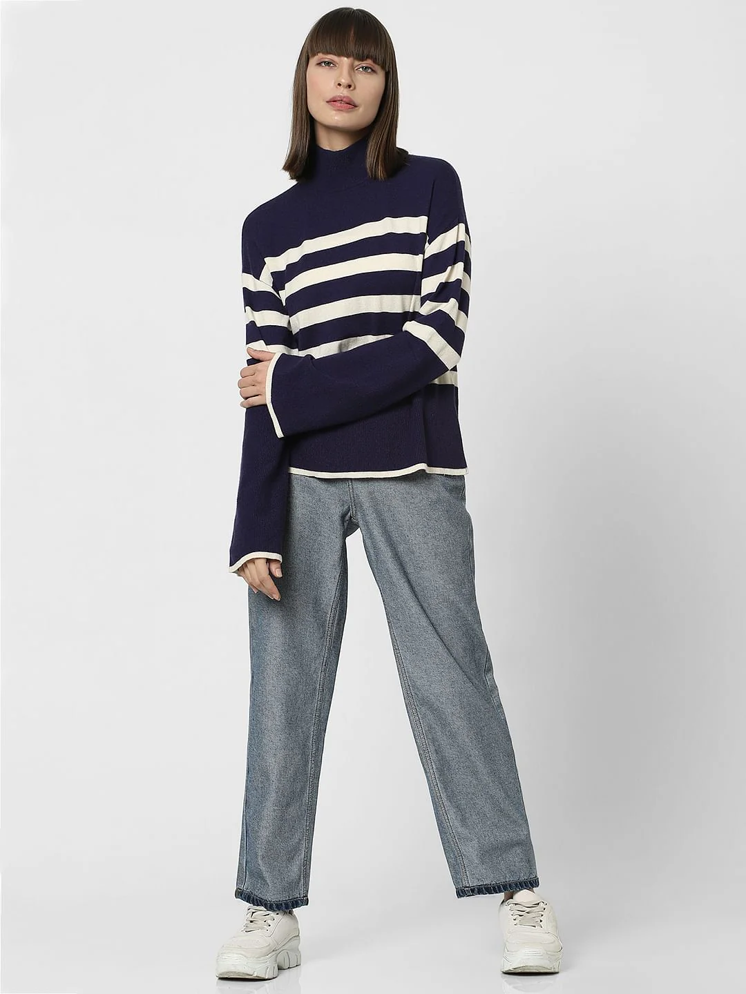 Navy Blue High Neck Striped Pullover - Image 5