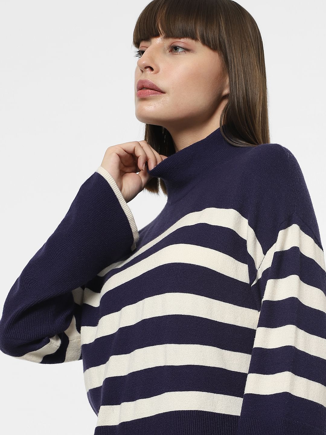 Navy Blue High Neck Striped Pullover - Image 6