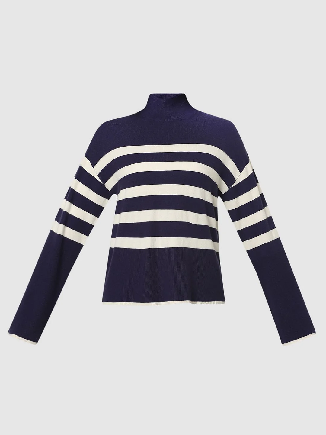 Navy Blue High Neck Striped Pullover - Image 7