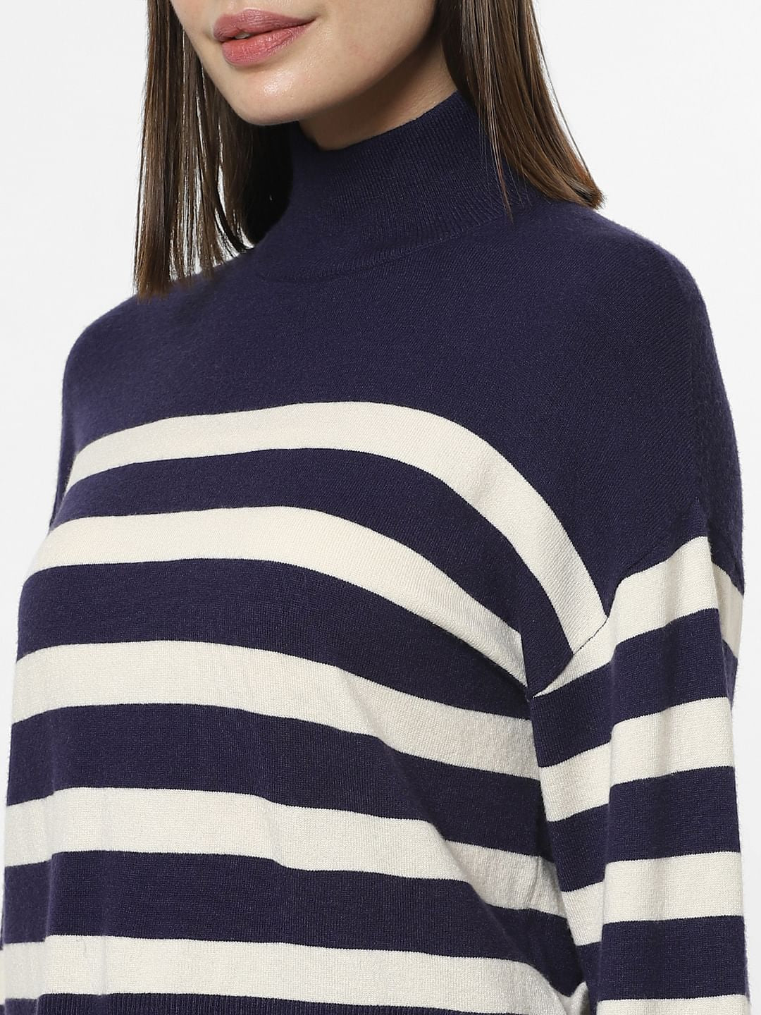 Navy Blue High Neck Striped Pullover - Image 8